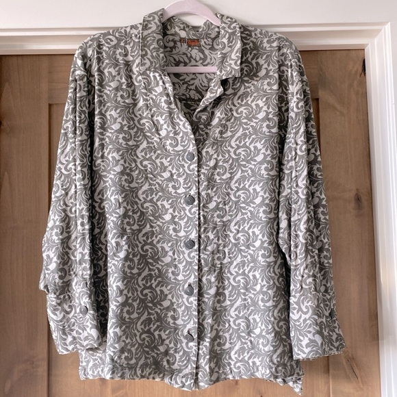 Tianello Floral button up Blouse Tunic Womens M Collared Brown/Cream Lagenlook - Picture 1 of 11
